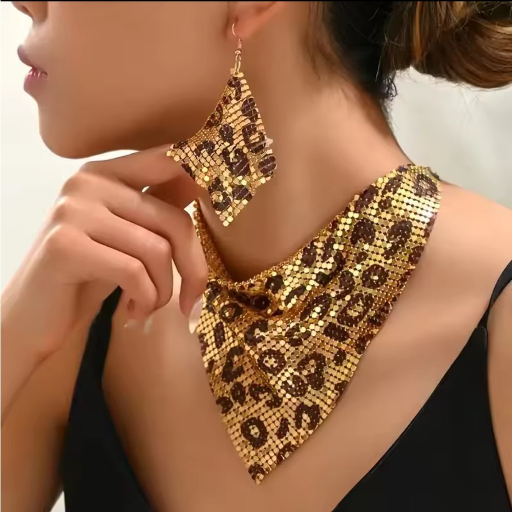 New! Set! Gold and Brown Leopard Necklace Set adjustable - Picture 3 of 3